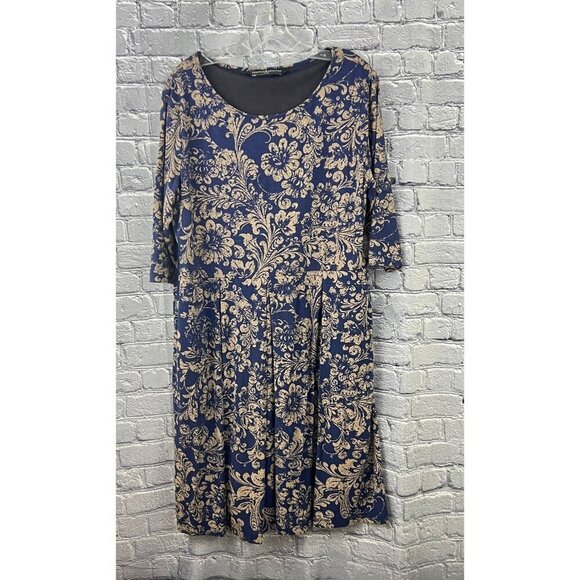 Peruvian Connection Blue Baroque Floral Dress  XL Midi Pockets Viscose Jersey - Picture 1 of 8